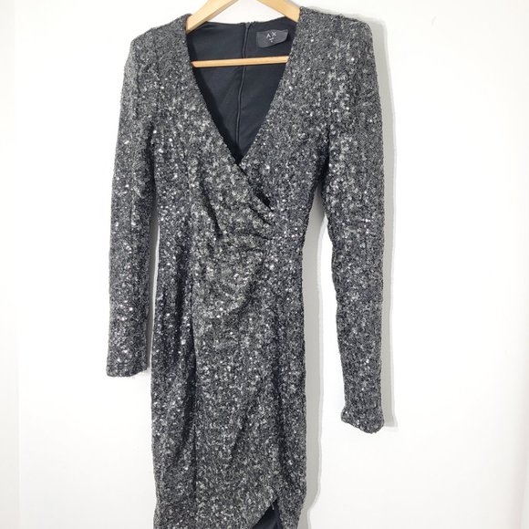 AX Paris Long Sleeve Sequin Evening Dress Surplice Neckline Silver Black Event - Picture 3 of 15